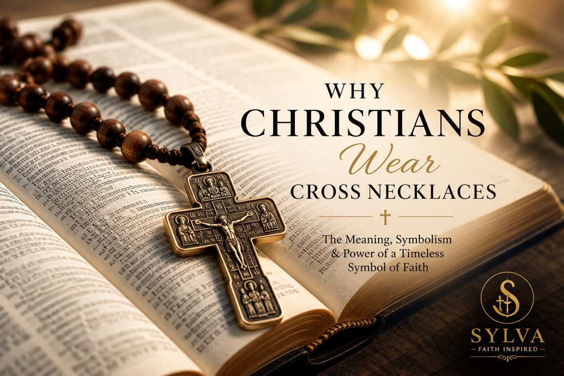 Orthodox cross necklace displayed on an open Bible, symbolizing Christian faith, devotion, and spiritual connection.