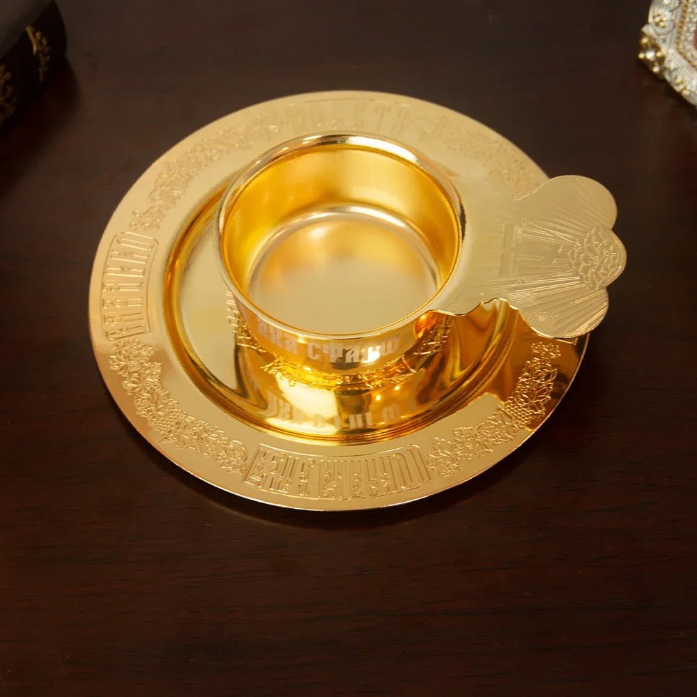 Gold-Plated Orthodox Holy Oil Utensil Set – Engraved Liturgical Dish, Spoon & Vessel - Sylva