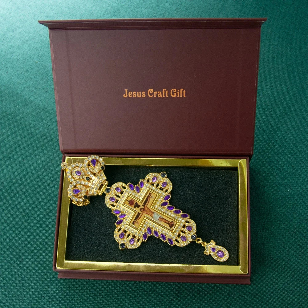 Gold-Plated Orthodox Pectoral Cross with Chain & Gemstone Accents