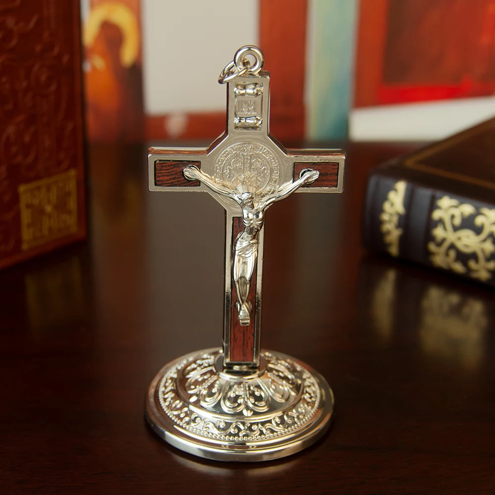 Catholic Table Crucifix with Stand – Metal Jesus Cross for Home Altar & Prayer