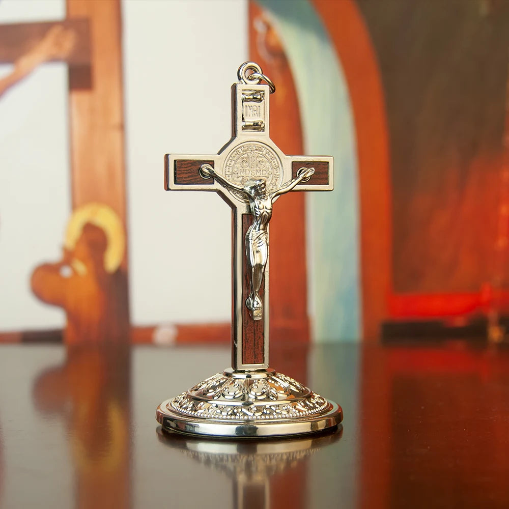 Catholic Table Crucifix with Stand – Metal Jesus Cross for Home Altar & Prayer