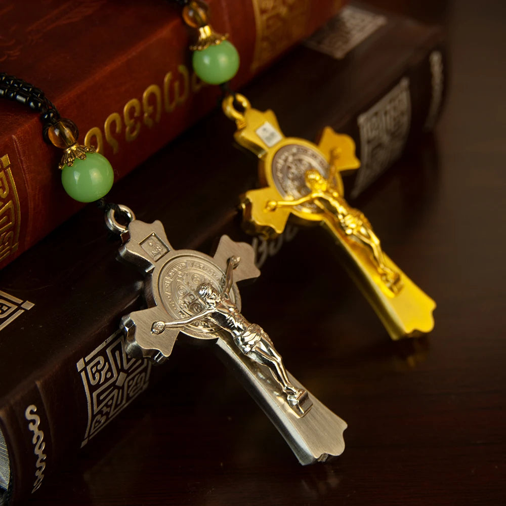 Orthodox Crucifix Necklace with Wooden Rosary Beads – Gold Cross Pendant