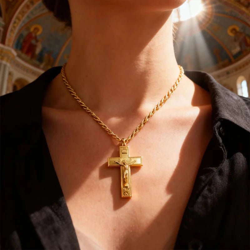 Orthodox-Style Pectoral Crucifix Necklace – Gold or Silver Christian Cross Pendant with 72 cm Chain - Sylva