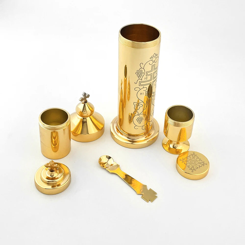 Orthodox Holy Oil Vessel with Prayer Spoon – Gold Plated Eastern Church Ceremonial Oil Container
