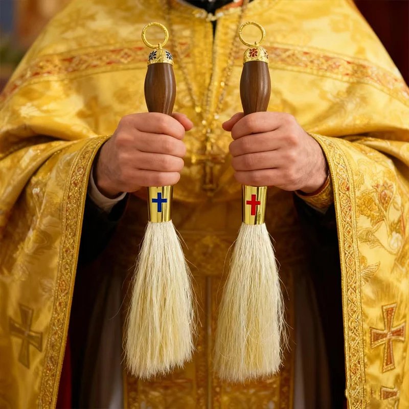 Orthodox Holy Water Blessing Brush – 15” Wooden Handle Holy Water Sprinkler with Synthetic Wool & Metal Cross | Church & Home Blessing Tool