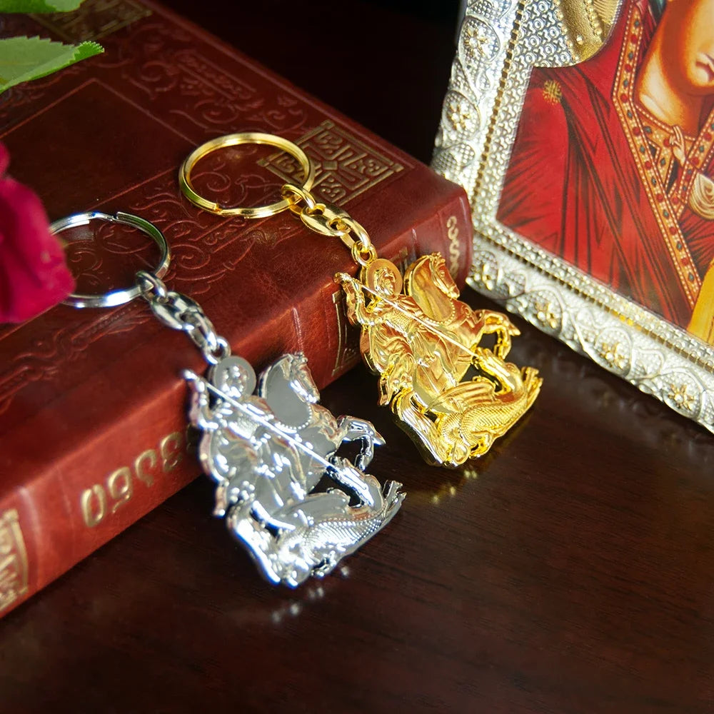 Orthodox Saint George Keychain – Gold-Tone Christian Protection Key Ring