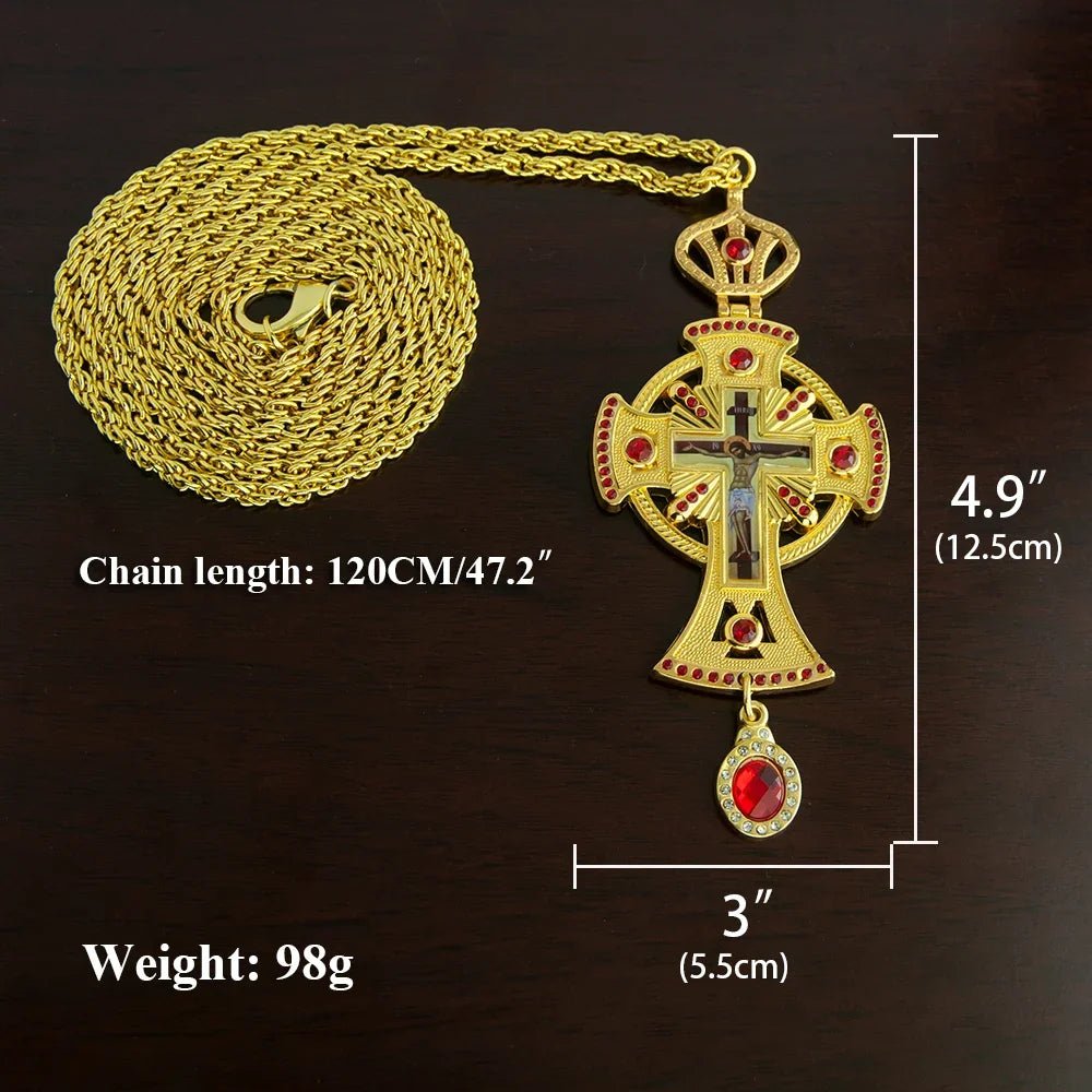 Orthodox Pectoral Cross Necklace – Gold-Tone Christian Prayer Pendant with Blue Crystal Details - Sylva