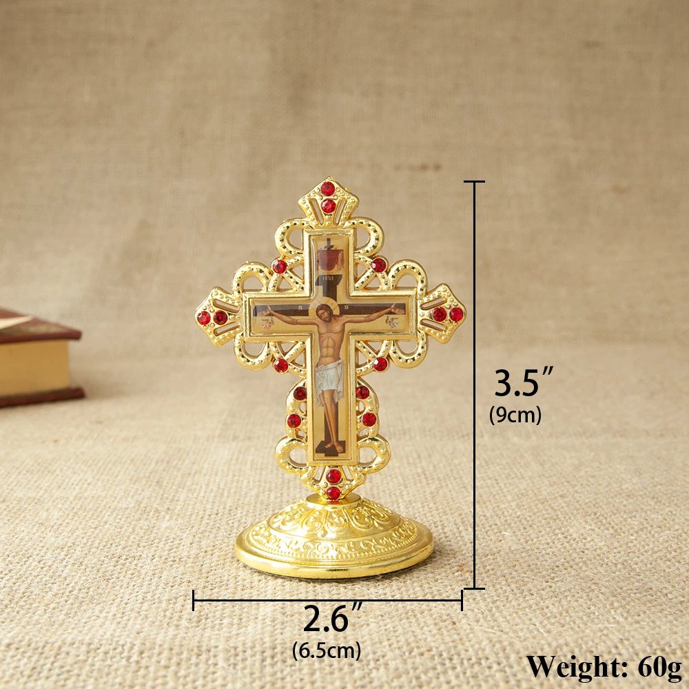 Gold Jesus Crucifix Cross Ornament with Red Rhinestones – 3.5” Zinc Alloy Christian Home Altar Desktop Cross Decoration | Orthodox & Catholic Religious Gift