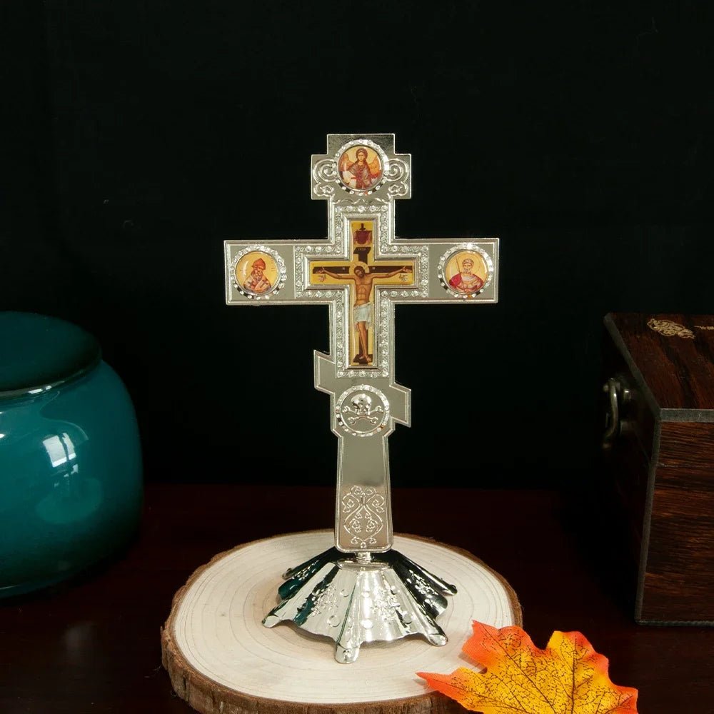 Orthodox-Style Standing Crucifix with Icon Details – Gold-Tone Prayer Corner Cross - Sylva