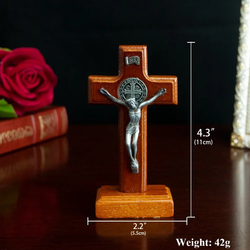 Catholic Wooden Saint Benedict Crucifix with Base – 11cm Standing Prayer Cross - Sylva