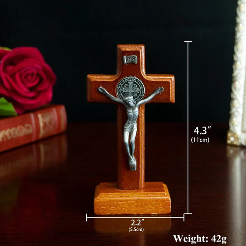Catholic Wooden Saint Benedict Crucifix with Base – 11cm Standing Prayer Cross - Sylva