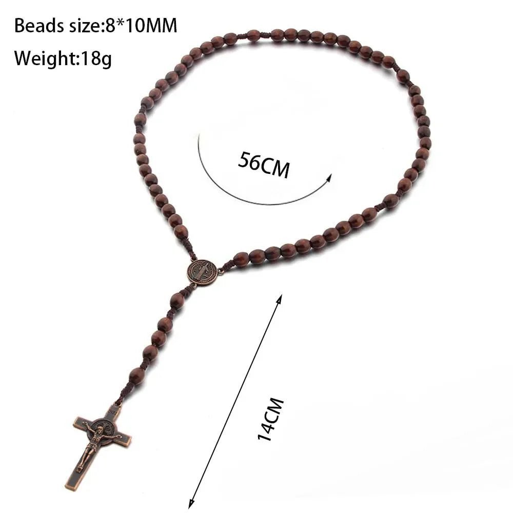 Handmade Wooden Bead Rosary Necklace with Crucifix – Braided Catholic Prayer Rosary for Men & Women - Sylva