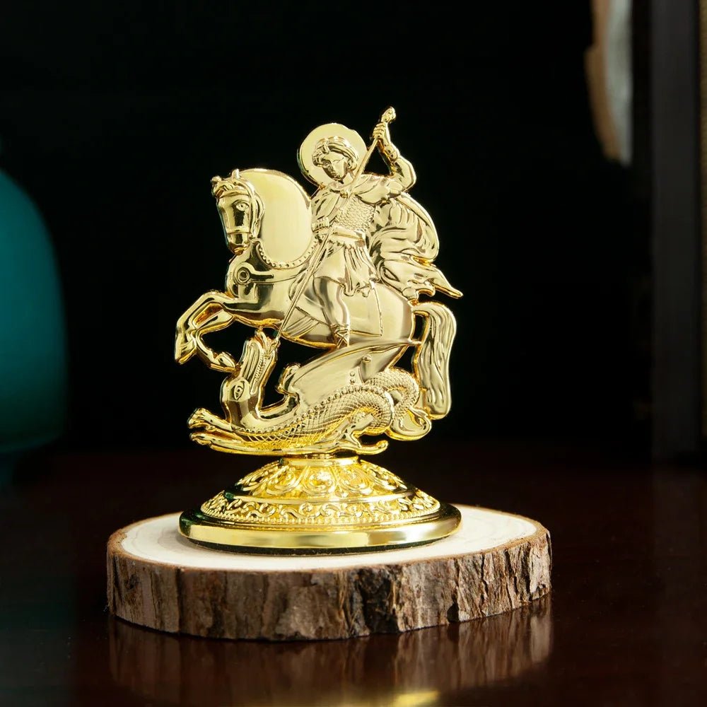 Saint George Dragon Slayer Statue – Gold-Tone Orthodox-Inspired Christian Table Decor - Sylva