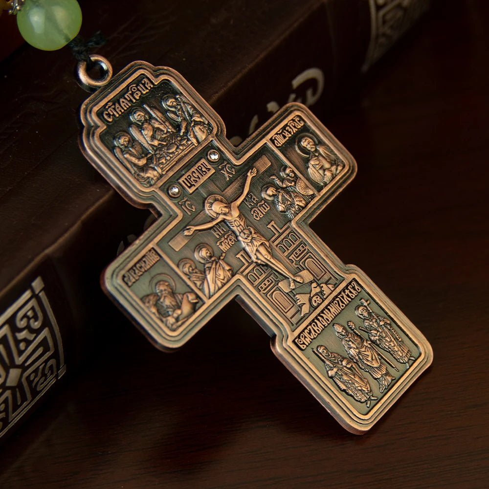 Orthodox Cross Necklace with Wooden Bead Chain – Jesus Crucifix Prayer Jewelry