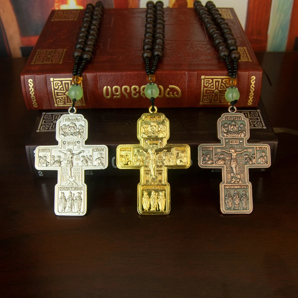 Orthodox Cross Necklace with Wooden Bead Chain – Jesus Crucifix Prayer Jewelry