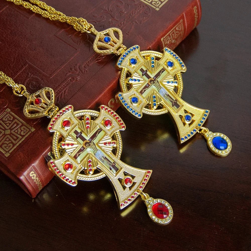 Orthodox Pectoral Cross Necklace – Gold-Tone Christian Prayer Pendant with Blue Crystal Details - Sylva