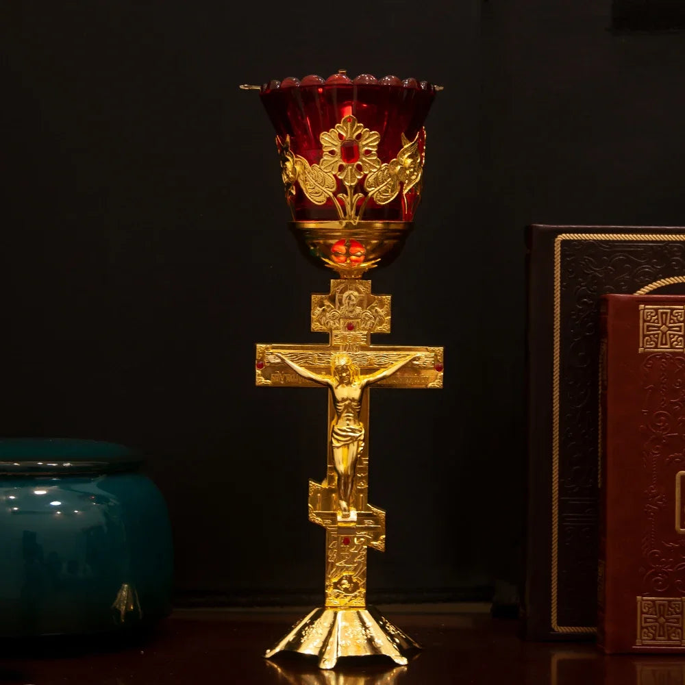 Orthodox Jesus Standing Vigil Oil Lamp with Red Glass Cup for Home Altar & Prayer