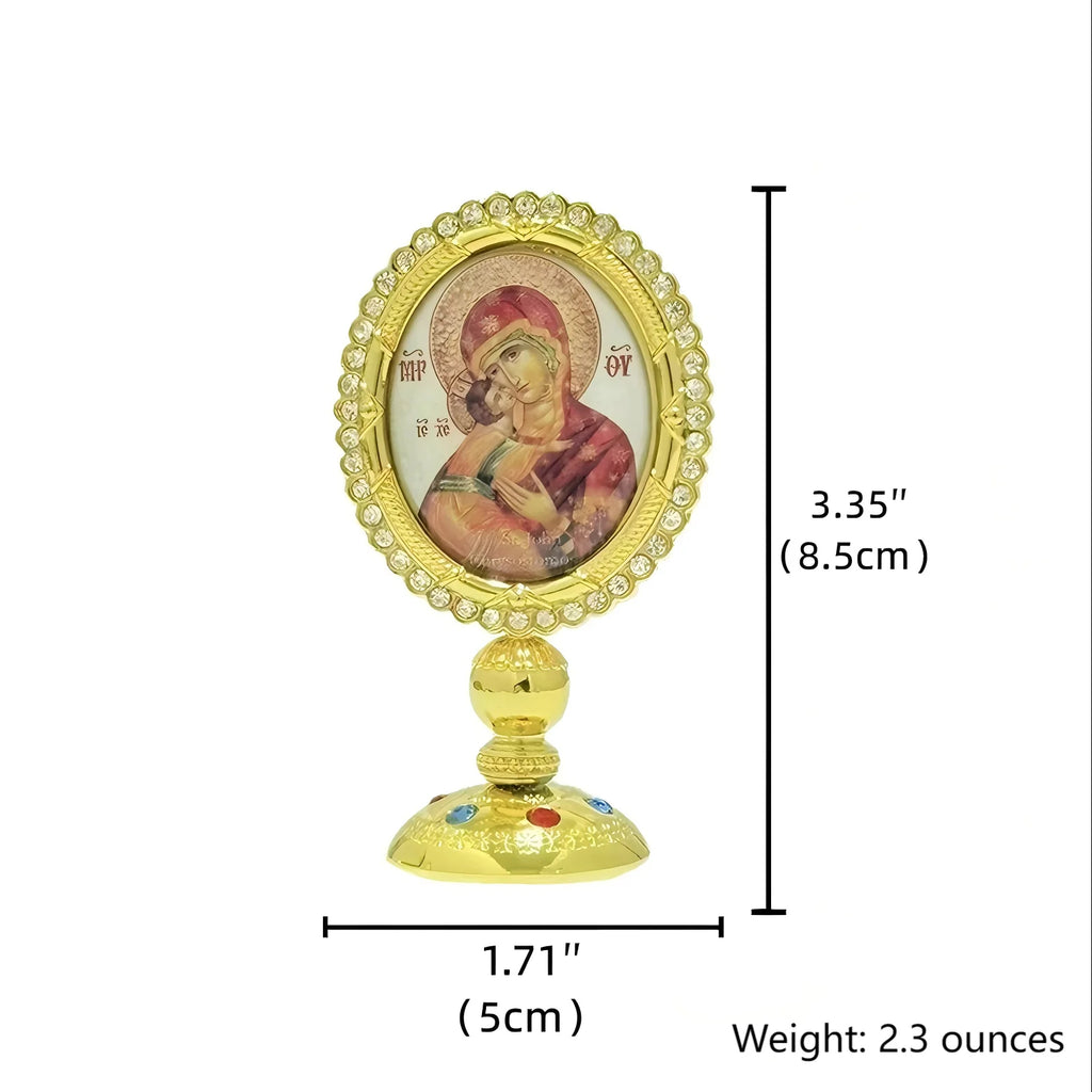 3.35” Orthodox Virgin Mary Icon for Car Dashboard – Gold-Plated Christian Dashboard Ornament with Stick-On Base