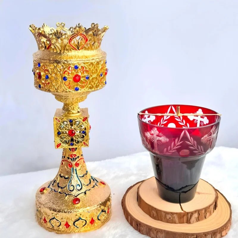 Gold-Plated Orthodox Catholic Liturgical Chalice with Red Glass Cup - Sylva