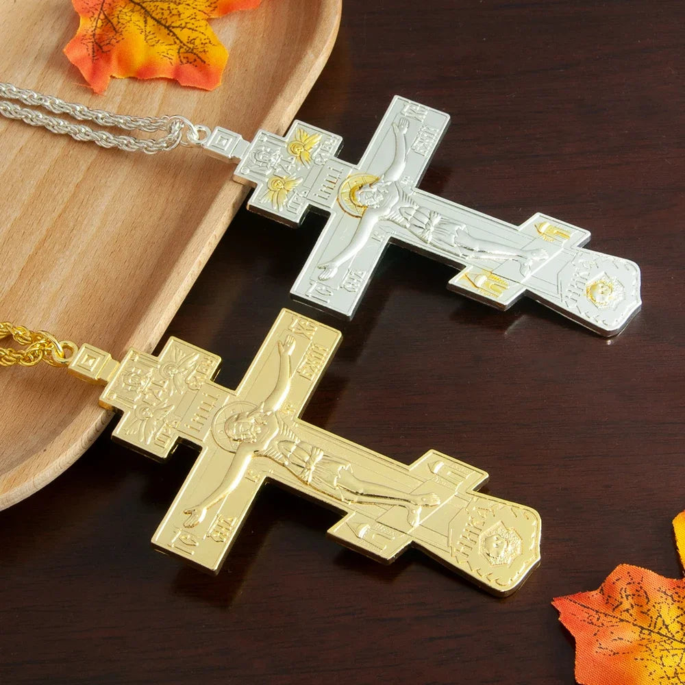 Gold-Plated Orthodox Jesus Pectoral Cross Pendant Necklace