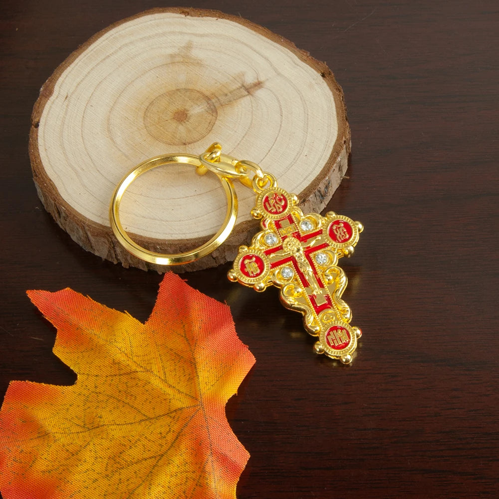 Orthodox Cross Keychain – Gold Plated Jesus Crucifix Religious Key Ring