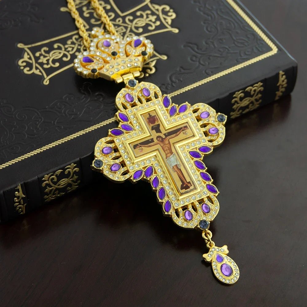 Gold-Plated Orthodox Pectoral Cross with Chain & Gemstone Accents - Sylva