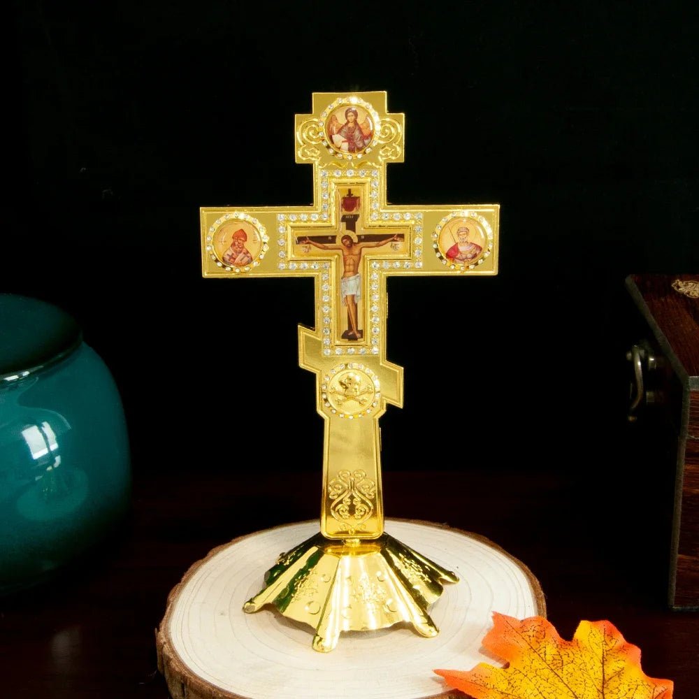Orthodox-Style Standing Crucifix with Icon Details – Gold-Tone Prayer Corner Cross - Sylva