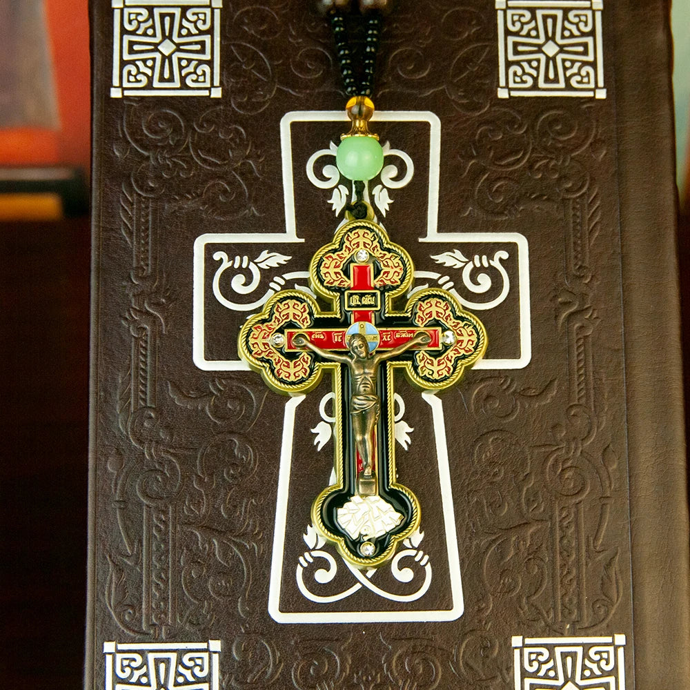 Orthodox Cross Necklace with Wooden Rosary Beads – Jesus Crucifix Prayer Jewelry