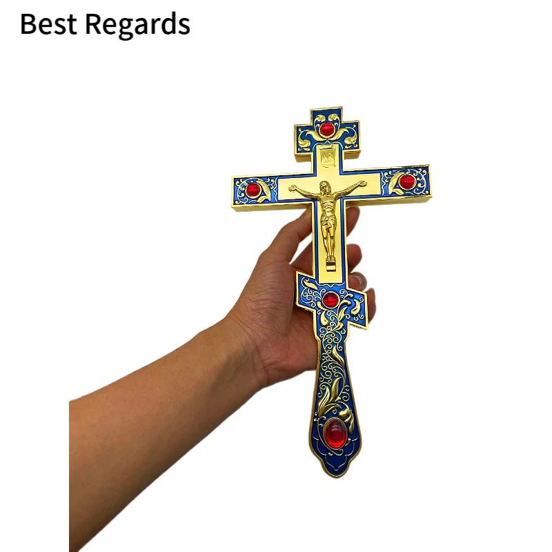 Large Orthodox-Style Blessing Crucifix – Blue Gold Wall Cross with Gift Box - Sylva