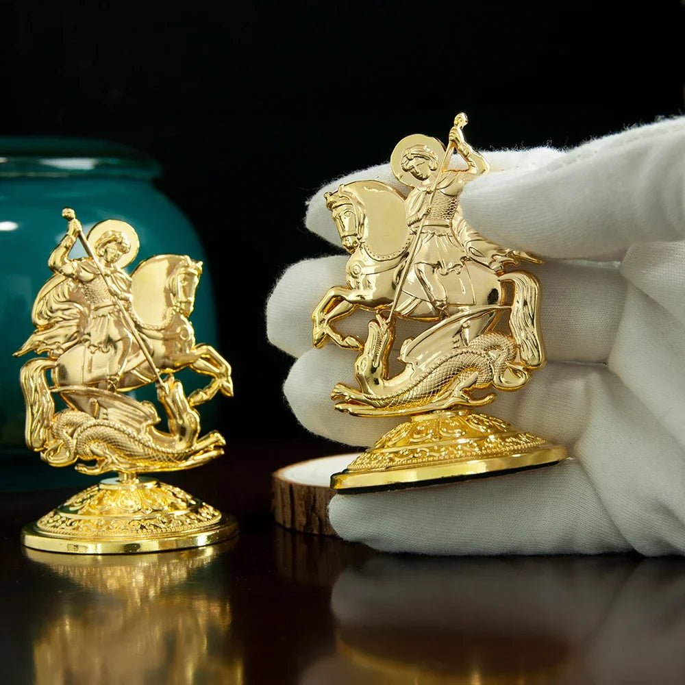 Saint George Dragon Slayer Statue – Gold-Tone Orthodox-Inspired Christian Table Decor - Sylva