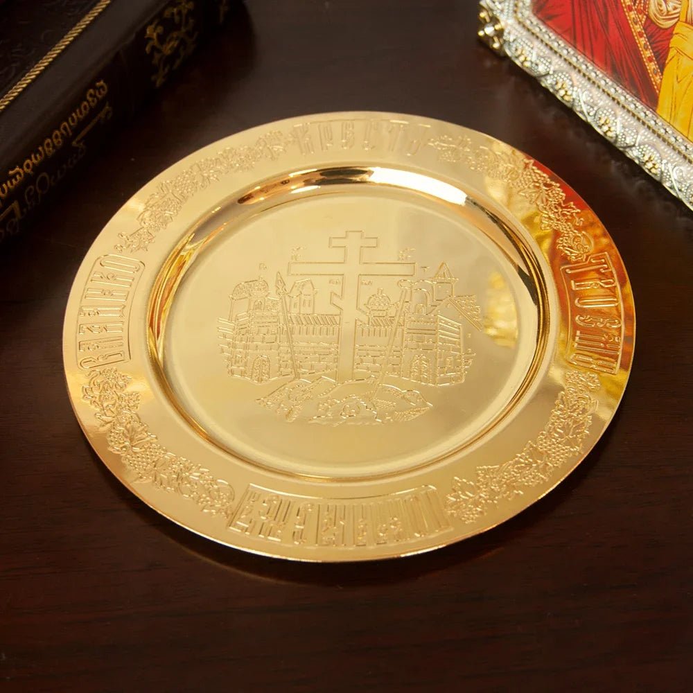 Gold-Plated Orthodox Holy Oil Utensil Set – Engraved Liturgical Dish, Spoon & Vessel - Sylva