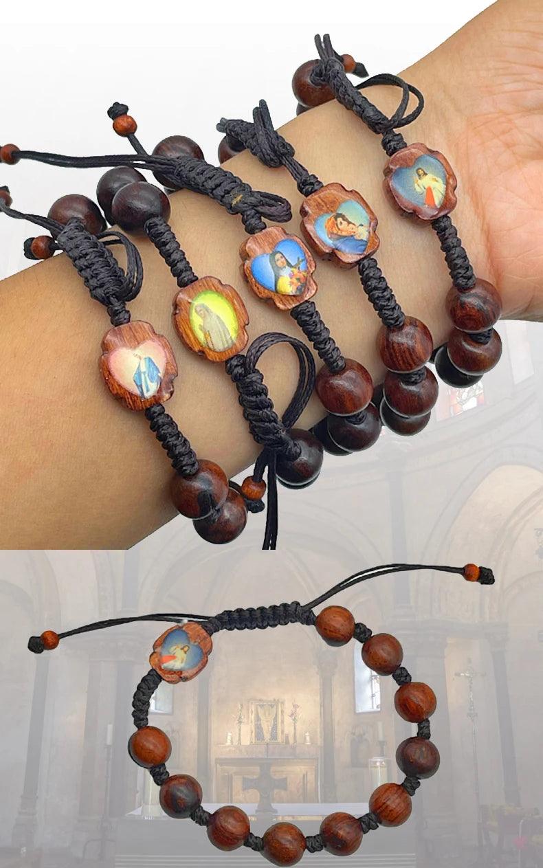 Catholic Rosary Bracelet with Wooden Beads & Our Lady of Fatima Charm