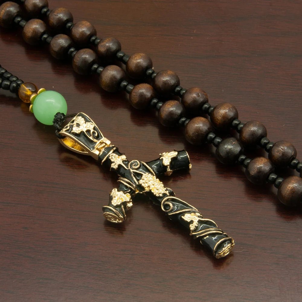 Christian Grape Vine Crucifix Bead Necklace – Black & Gold Religious Pendant - Sylva