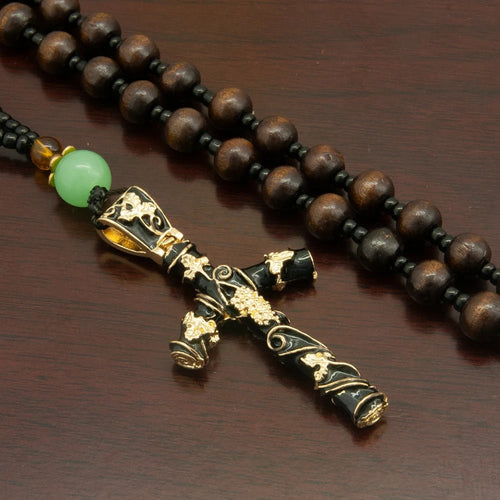 Christian Grape Vine Crucifix Bead Necklace – Black & Gold Religious Pendant - Sylva