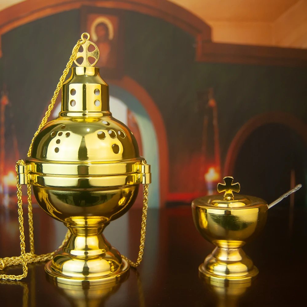 Premium Orthodox Church Incense Burner with Boat & Spoon – Traditional Greek Metal Thurible for Catholic & Orthodox Worship