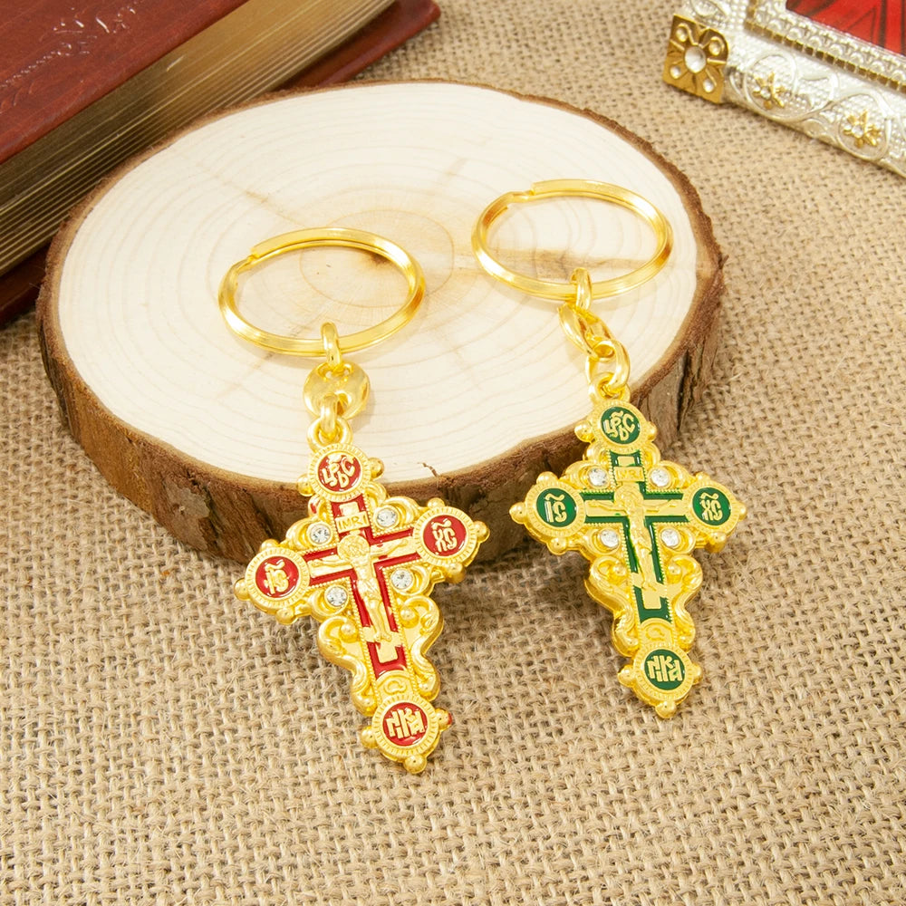 Orthodox Cross Keychain – Gold Plated Jesus Crucifix Religious Key Ring
