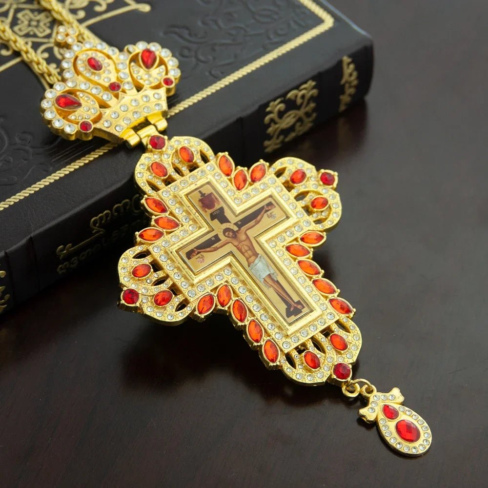 Gold-Plated Orthodox Pectoral Cross with Chain & Gemstone Accents - Sylva