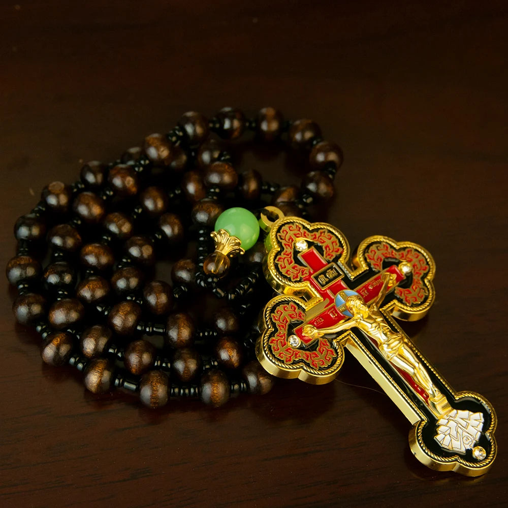 Orthodox Cross Necklace with Wooden Rosary Beads – Jesus Crucifix Prayer Jewelry