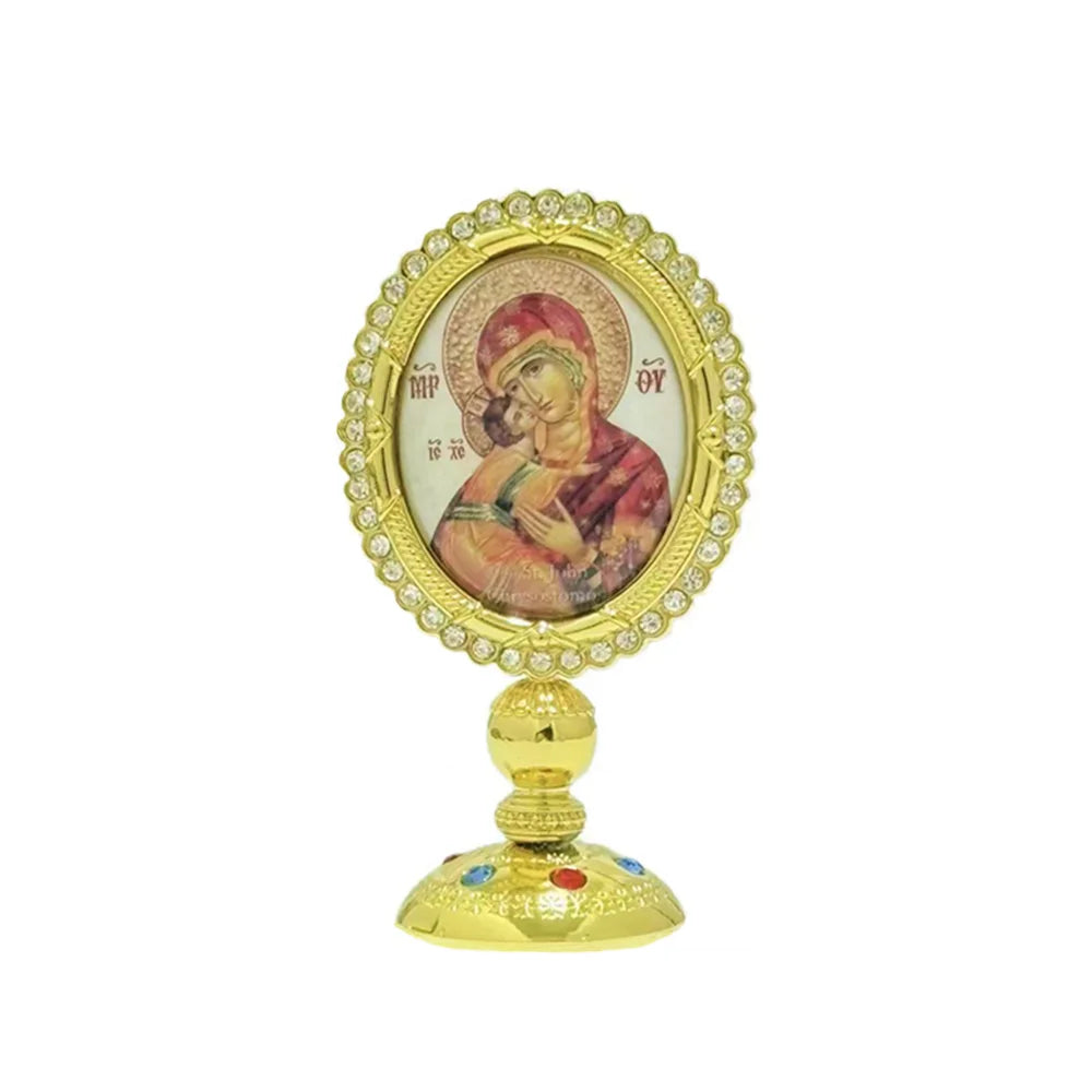 3.35” Orthodox Virgin Mary Icon for Car Dashboard – Gold-Plated Christian Dashboard Ornament with Stick-On Base