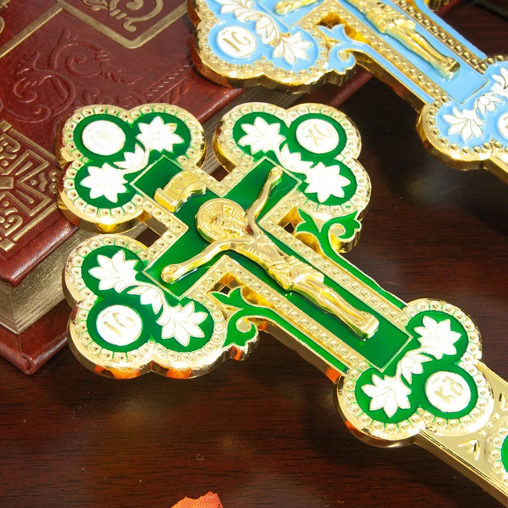 Orthodox Handheld Blessing Cross with Jesus Icon – Gold Enamel Crucifix