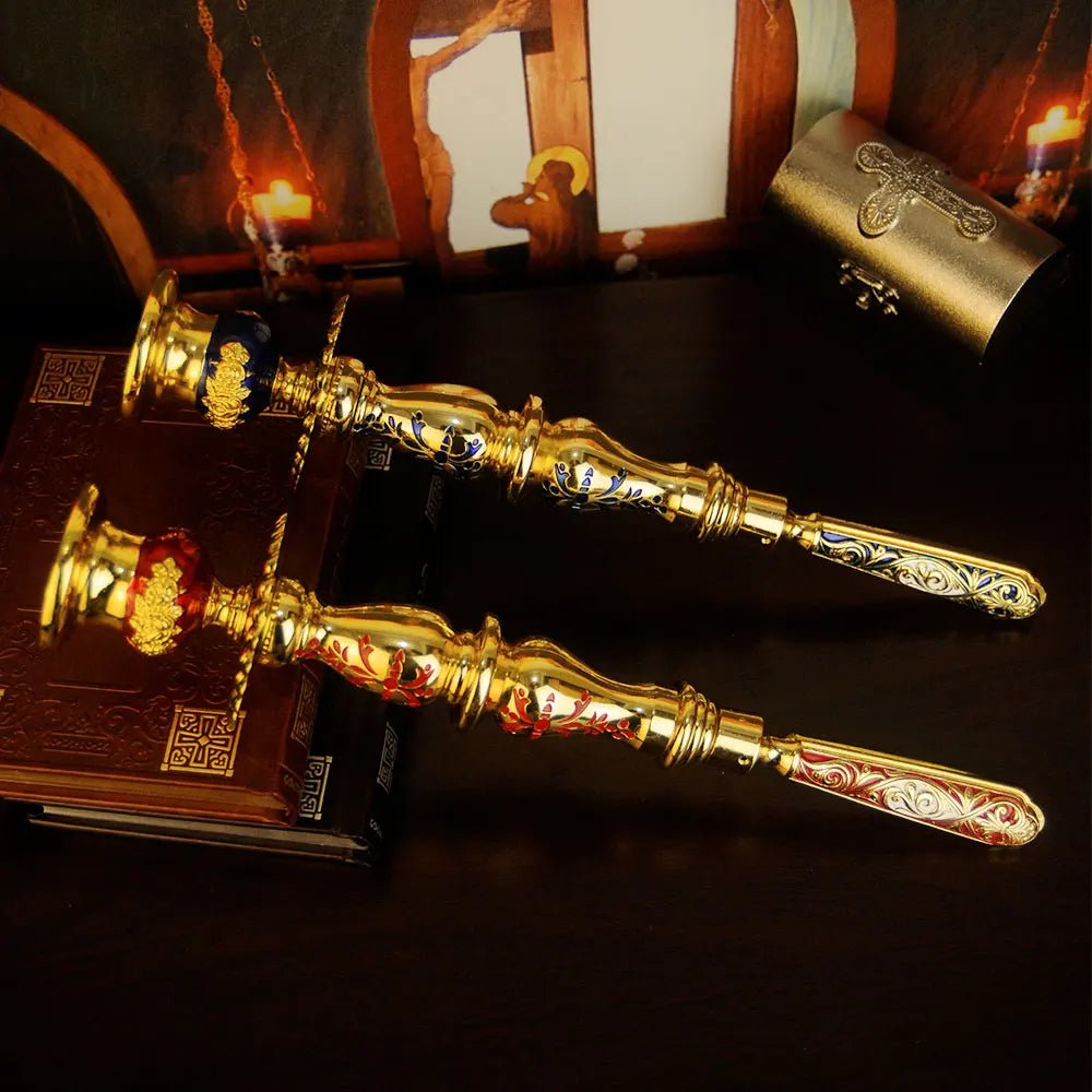 Orthodox-Style Gold-Tone Altar Candlestick – Red Christian Prayer Candle Holder - Sylva