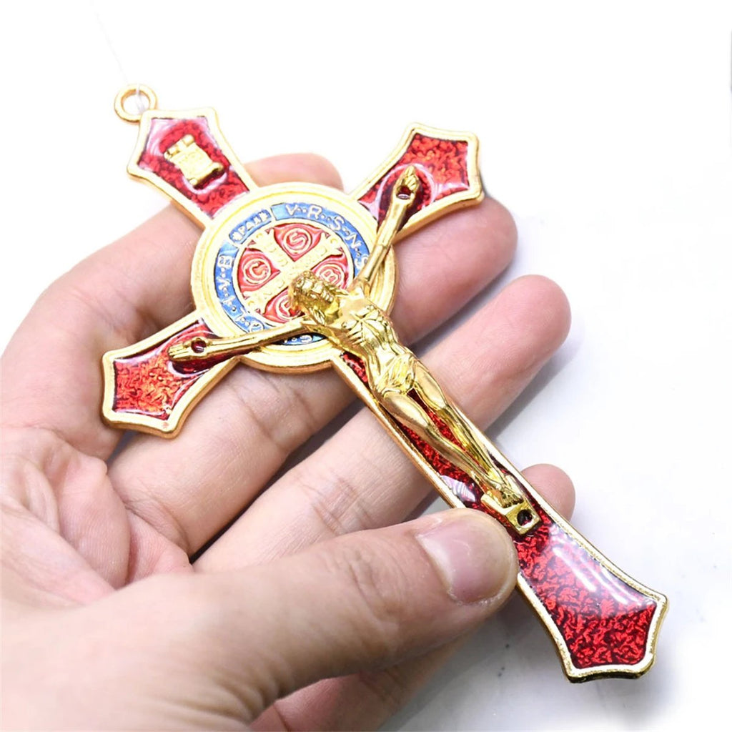 Saint Benedict Red Enamel Wall Crucifix Cross 12cm | Catholic Protection Cross with San Benito Medal