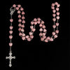 Handmade Pink & White Heart Bead Rosary Necklace – White Gold-Plated Catholic Prayer Beads with Cross Crucifix | Christian Devotional Gift