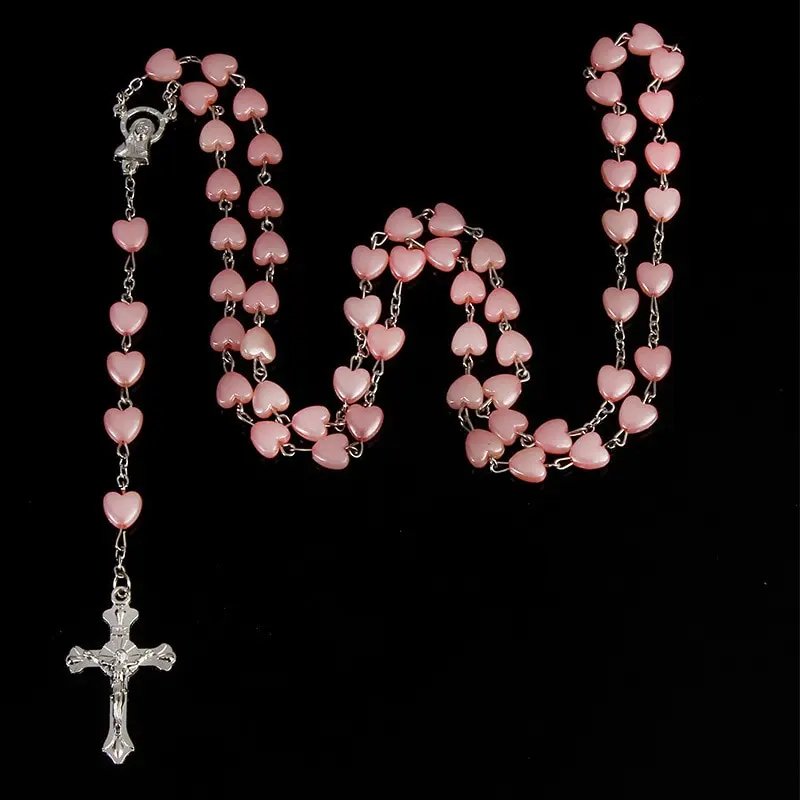 Handmade Pink & White Heart Bead Rosary Necklace – White Gold-Plated Catholic Prayer Beads with Cross Crucifix | Christian Devotional Gift