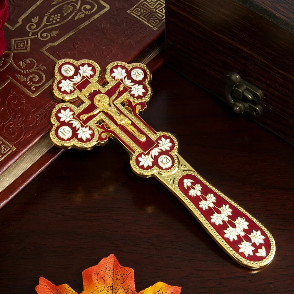 Orthodox Handheld Blessing Cross with Jesus Icon – Gold Enamel Crucifix - Sylva