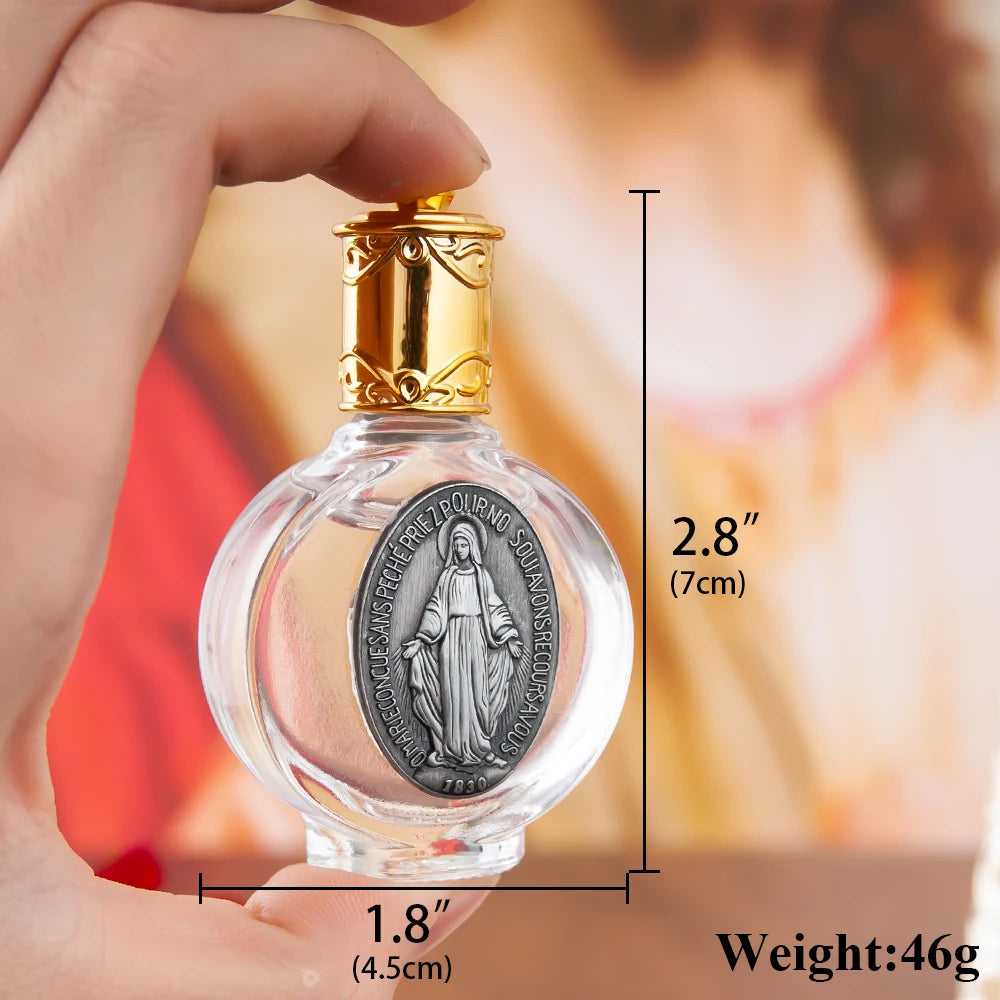 Catholic Miraculous Medal Holy Water Bottle – Glass Prayer Vessel with Gold-Tone Cap