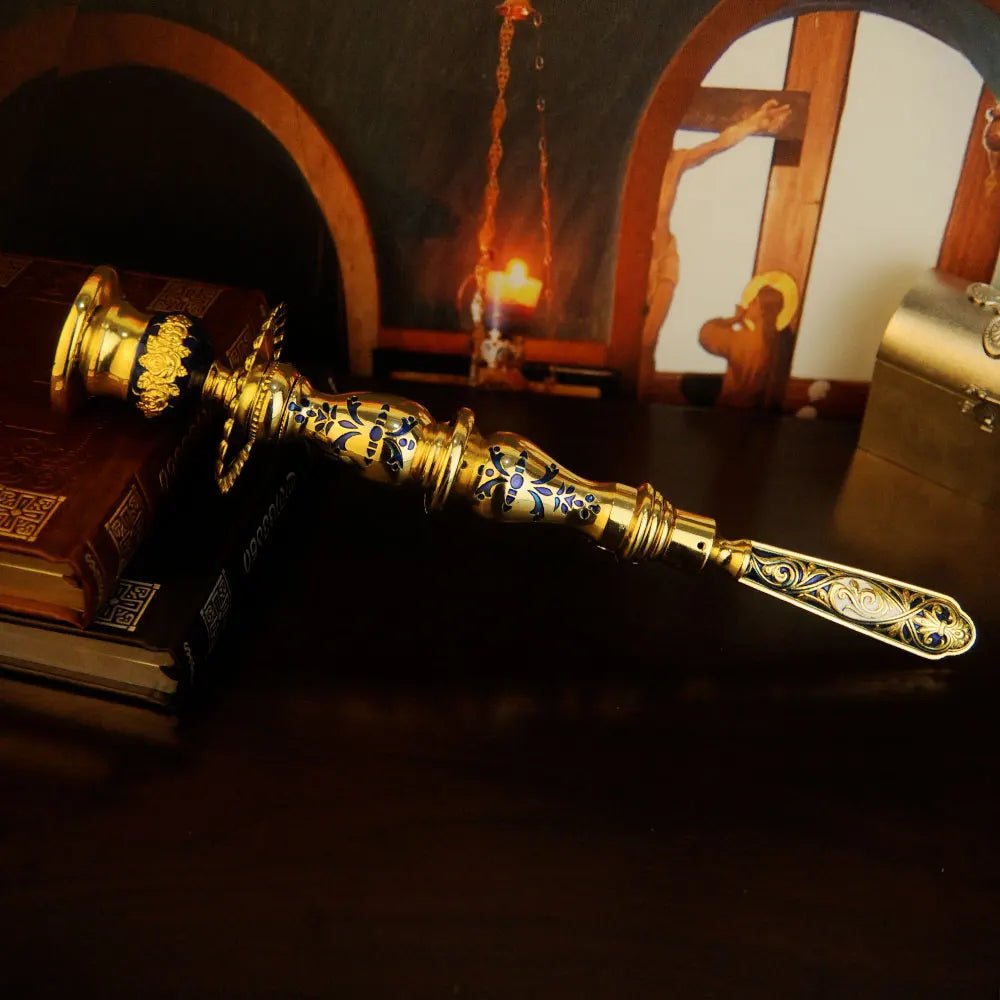 Orthodox-Style Gold-Tone Altar Candlestick – Red Christian Prayer Candle Holder - Sylva