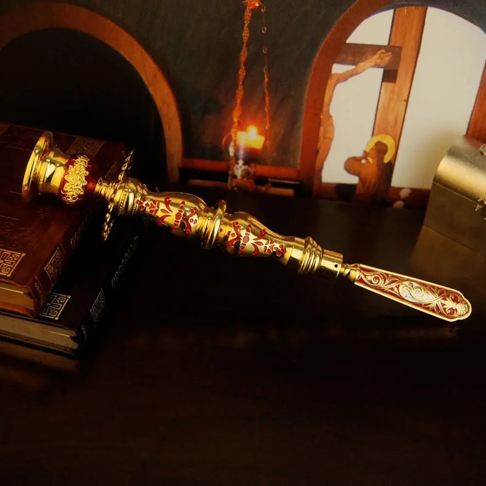 Orthodox-Style Gold-Tone Altar Candlestick – Red Christian Prayer Candle Holder - Sylva