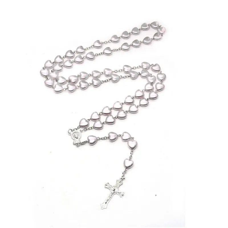 Handmade Pink & White Heart Bead Rosary Necklace – White Gold-Plated Catholic Prayer Beads with Cross Crucifix | Christian Devotional Gift