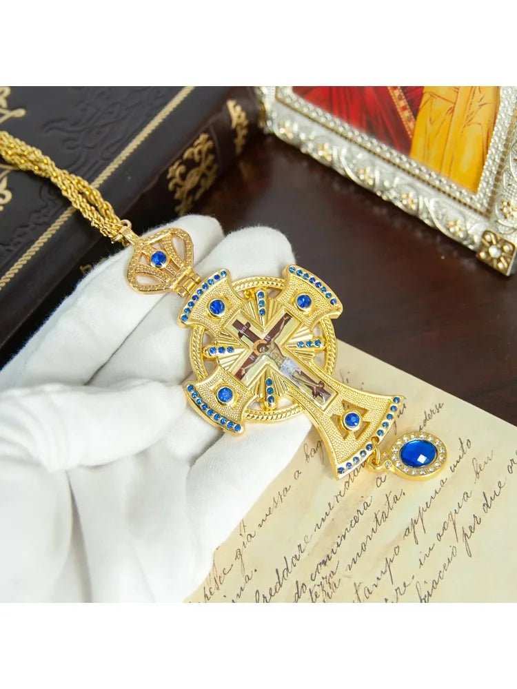 Orthodox Pectoral Cross Necklace – Gold-Tone Christian Prayer Pendant with Blue Crystal Details - Sylva